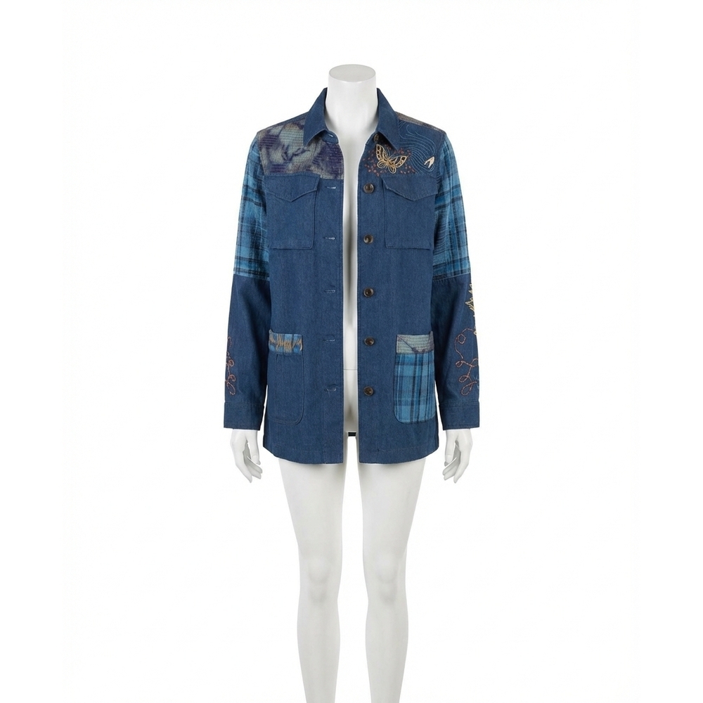 NEW JOHNNY WAS moonlight tie dye patchwork military jacket in denim blue
